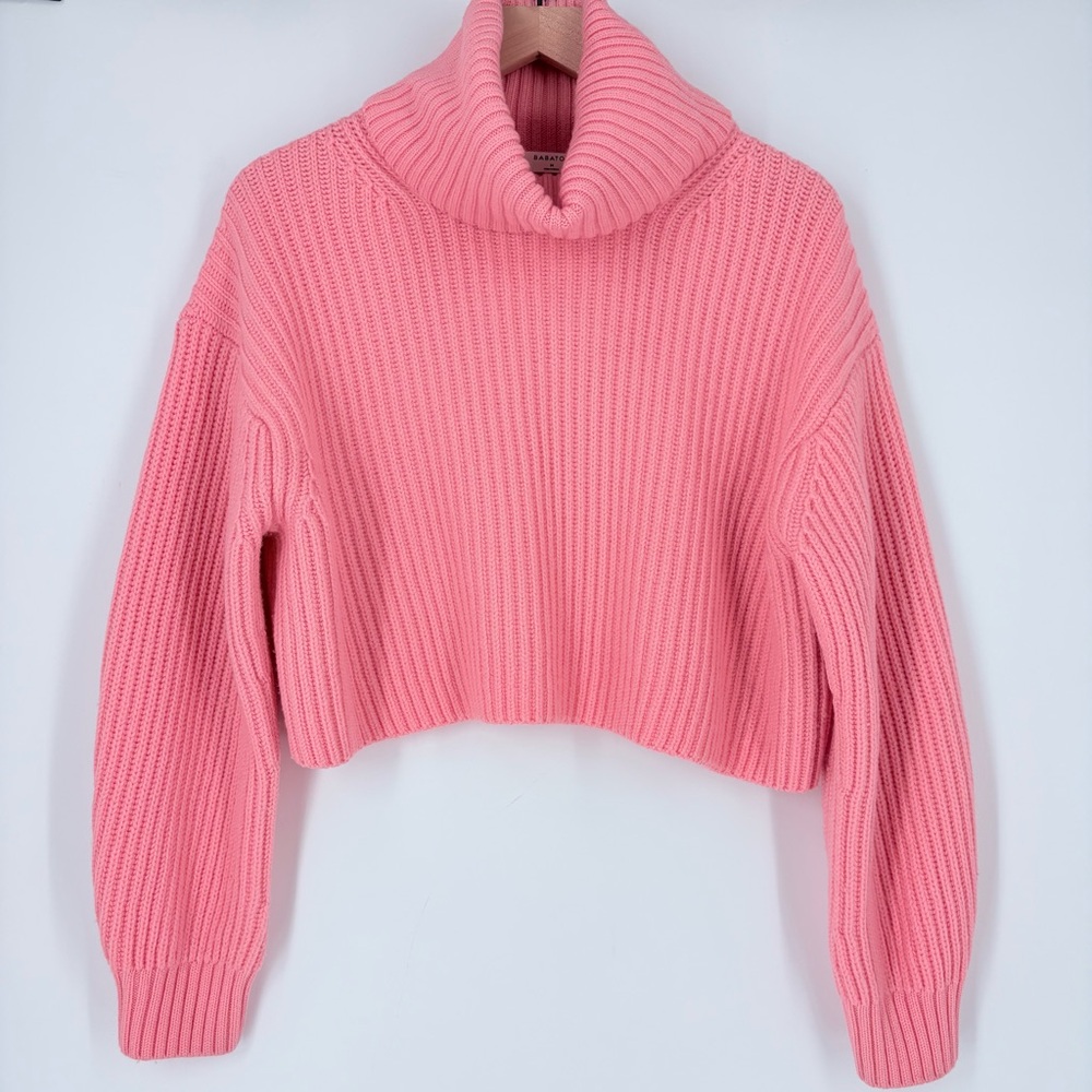 Babaton Guell Merino Wool Turtleneck Cropped Coral Pink Sweater